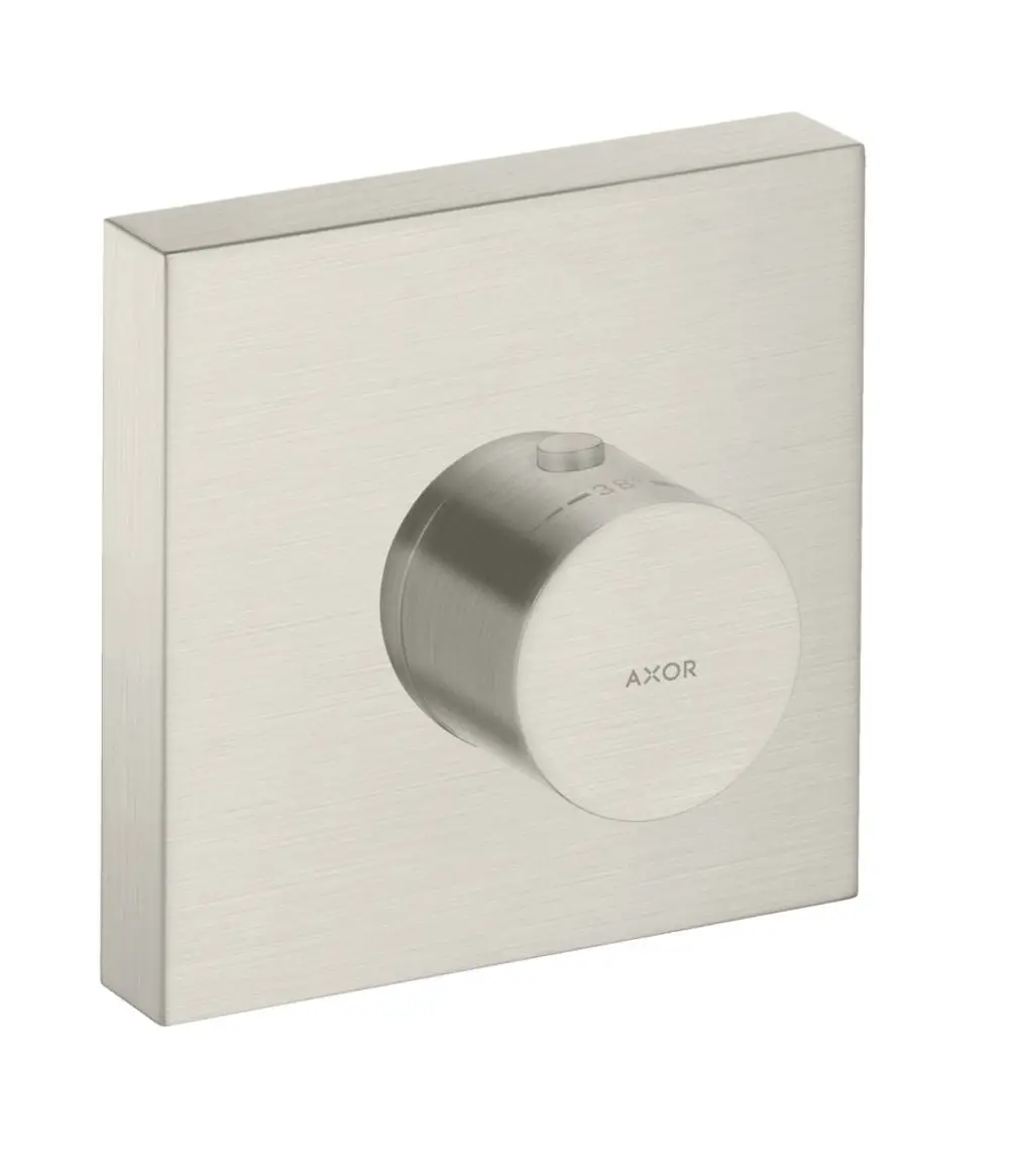 Thermostatmodul in eckiger Form aus Edelstahl mit einem runden Drehregler. Das Produkt trägt das AXOR-Logo und ist für die Installation im Duschebereich konzipiert.